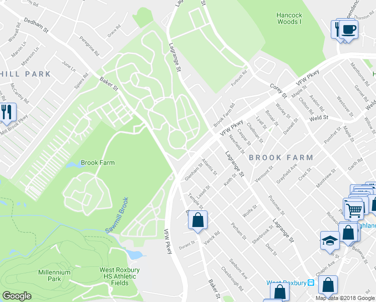 map of restaurants, bars, coffee shops, grocery stores, and more near 623 Veterans of Foreign Wars Parkway in Boston