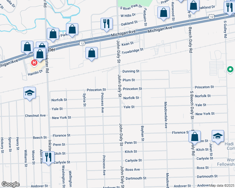 map of restaurants, bars, coffee shops, grocery stores, and more near 26652 Norfolk Street in Inkster