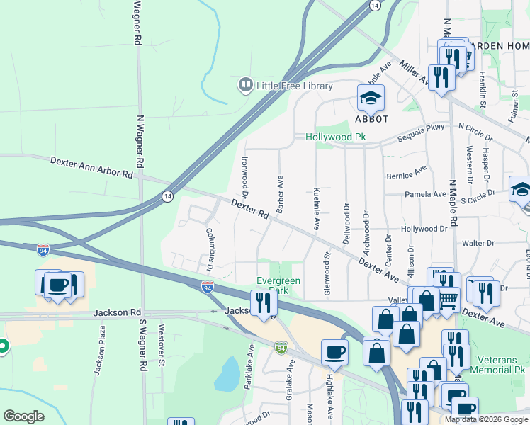 map of restaurants, bars, coffee shops, grocery stores, and more near 3204 Dexter Road in Ann Arbor