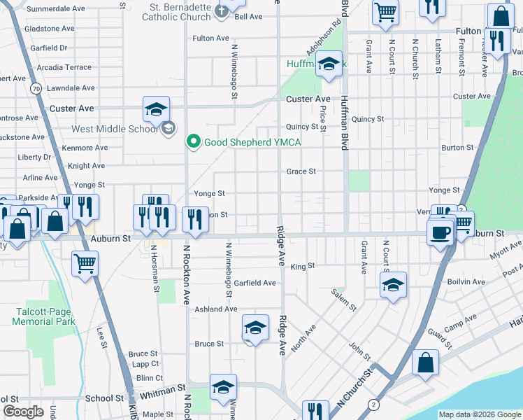map of restaurants, bars, coffee shops, grocery stores, and more near 1528 Carney Avenue in Rockford