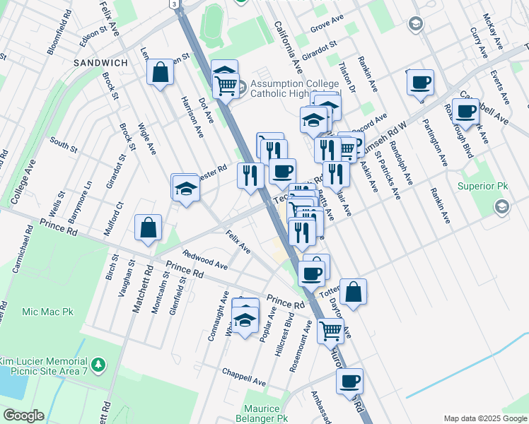 map of restaurants, bars, coffee shops, grocery stores, and more near 1415 Huron Church Road in Windsor