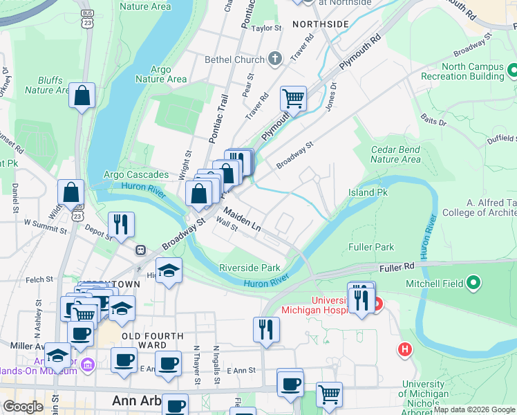 map of restaurants, bars, coffee shops, grocery stores, and more near 1200 Broadway Street in Ann Arbor
