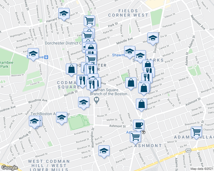 map of restaurants, bars, coffee shops, grocery stores, and more near 397 Talbot Avenue in Boston