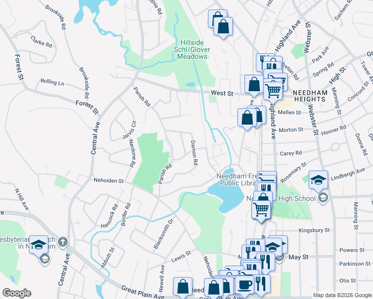 map of restaurants, bars, coffee shops, grocery stores, and more near 7 Hollow Ridge Road in Needham