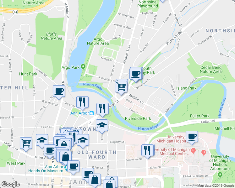 map of restaurants, bars, coffee shops, grocery stores, and more near 1008 Pontiac Trail in Ann Arbor
