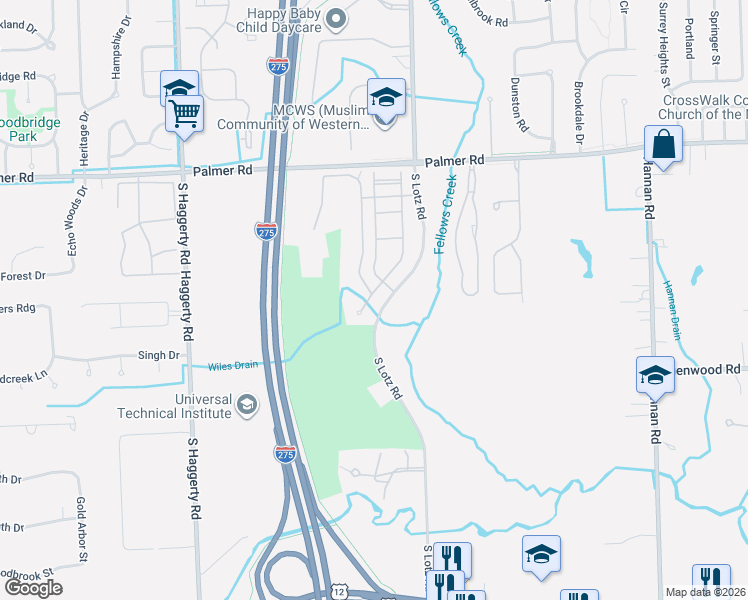 map of restaurants, bars, coffee shops, grocery stores, and more near 2551 Knollwood Drive in Canton