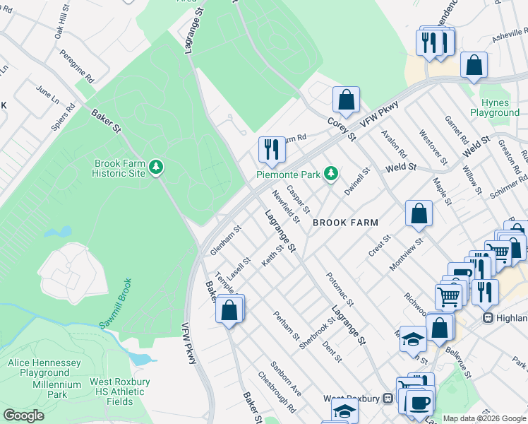 map of restaurants, bars, coffee shops, grocery stores, and more near 740 Lagrange Street in Boston