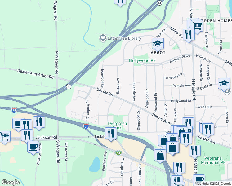 map of restaurants, bars, coffee shops, grocery stores, and more near 3204 Dexter Road in Ann Arbor