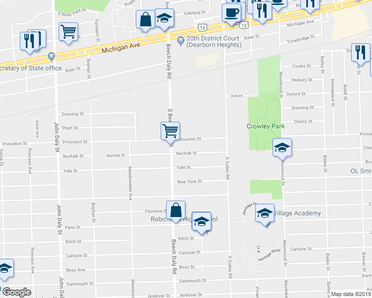 map of restaurants, bars, coffee shops, grocery stores, and more near 25670 Norfolk Street in Dearborn Heights