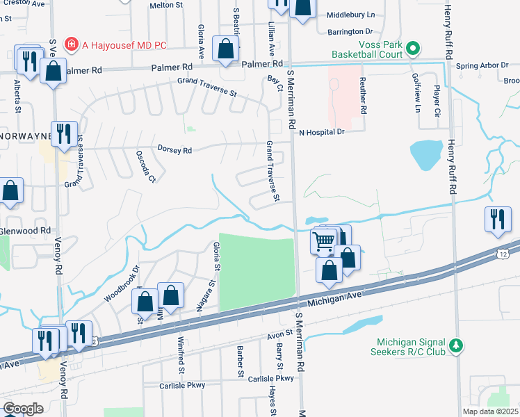 map of restaurants, bars, coffee shops, grocery stores, and more near 31443 Alcona Court in Westland