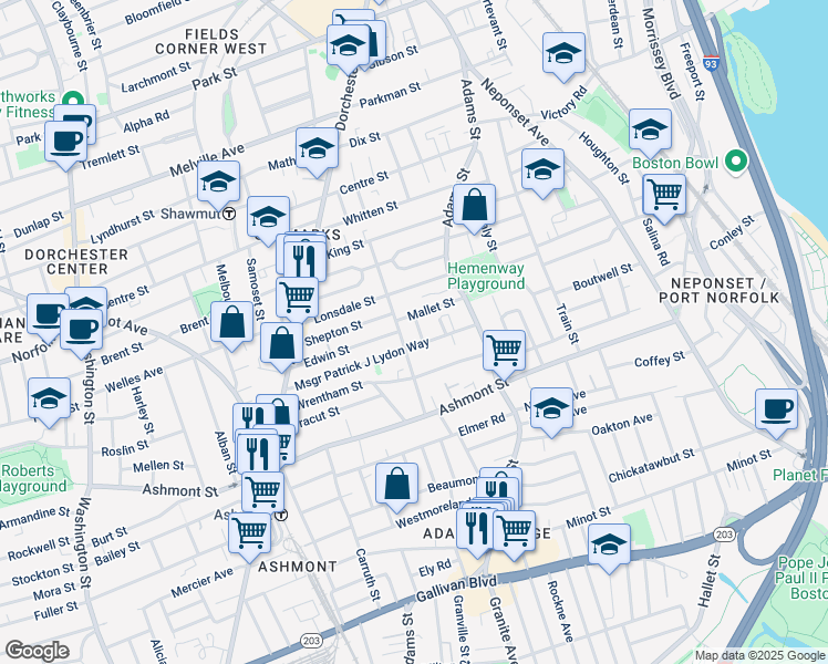 map of restaurants, bars, coffee shops, grocery stores, and more near 99 Msgr Patrick J Lydon Way in Boston