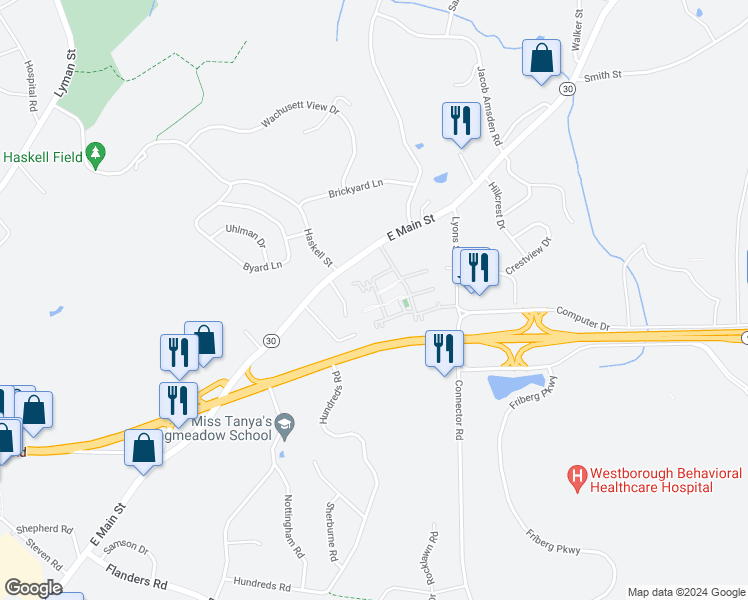 map of restaurants, bars, coffee shops, grocery stores, and more near 1405 Windsor Ridge Drive in Westborough
