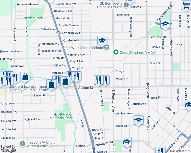 map of restaurants, bars, coffee shops, grocery stores, and more near 1603 Evergreen Street in Rockford