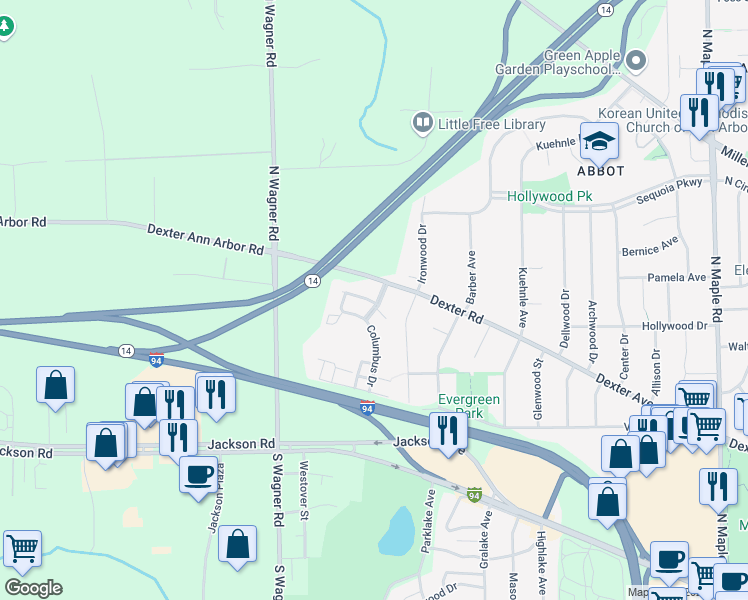 map of restaurants, bars, coffee shops, grocery stores, and more near 597 Landings Drive in Ann Arbor