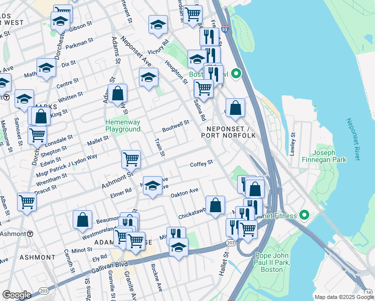 map of restaurants, bars, coffee shops, grocery stores, and more near 567 Ashmont Street in Boston