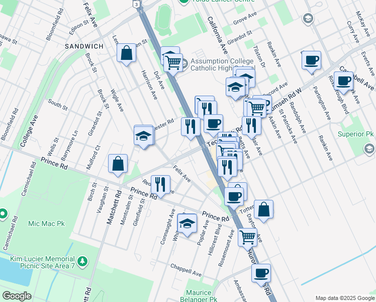 map of restaurants, bars, coffee shops, grocery stores, and more near 2870 Tecumseh Road West in Windsor