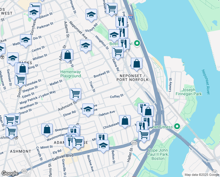 map of restaurants, bars, coffee shops, grocery stores, and more near 567 Ashmont Street in Boston