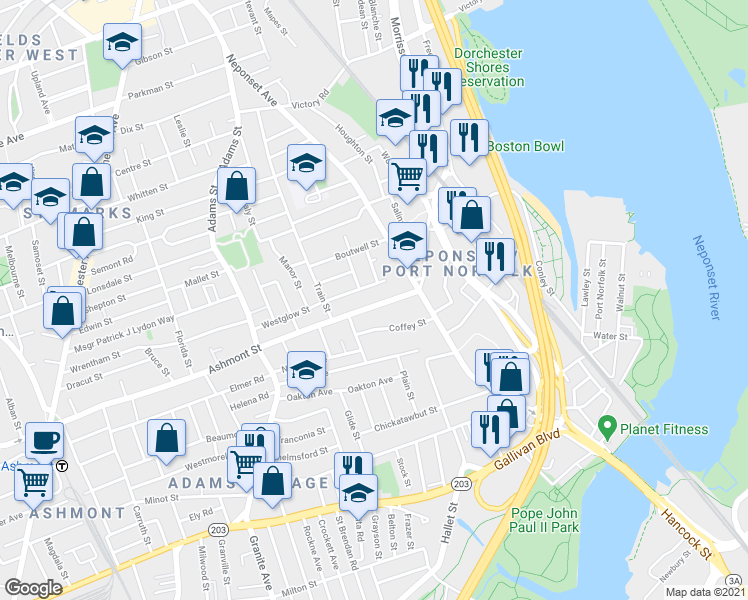 map of restaurants, bars, coffee shops, grocery stores, and more near 567 Ashmont Street in Boston