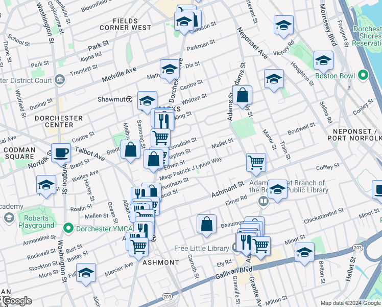 map of restaurants, bars, coffee shops, grocery stores, and more near 38 Edwin Street in Boston