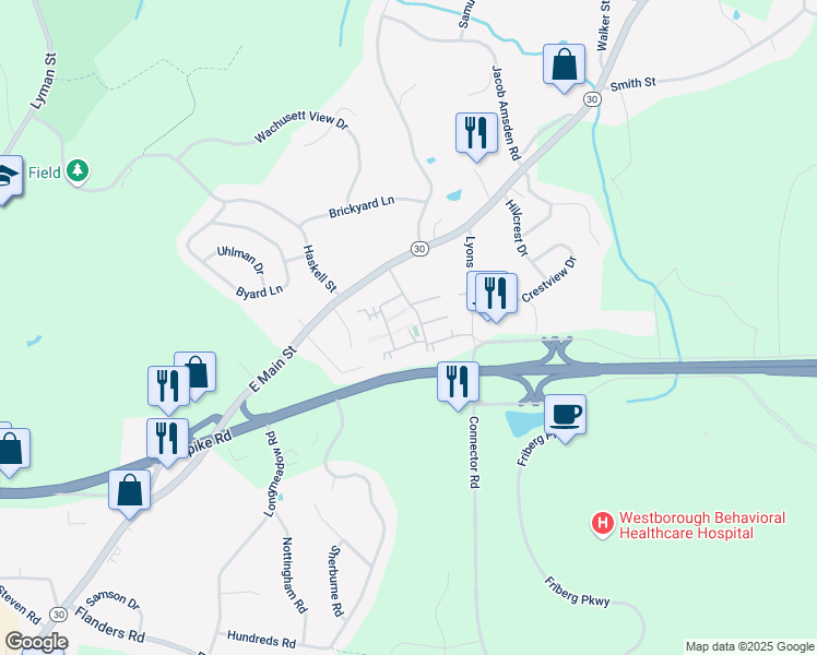 map of restaurants, bars, coffee shops, grocery stores, and more near 1405 Windsor Ridge Drive in Westborough
