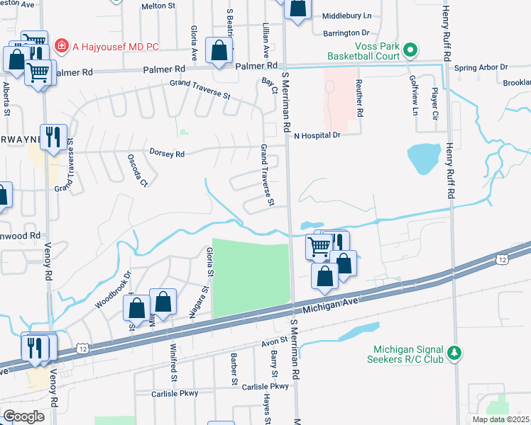 map of restaurants, bars, coffee shops, grocery stores, and more near 31443 Alcona Court in Westland