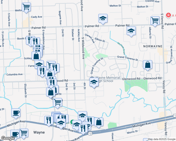 map of restaurants, bars, coffee shops, grocery stores, and more near 34223 Dayton Court in Westland