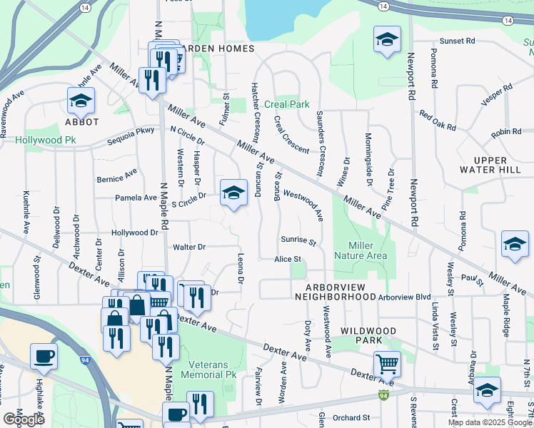 map of restaurants, bars, coffee shops, grocery stores, and more near 821 Duncan Street in Ann Arbor