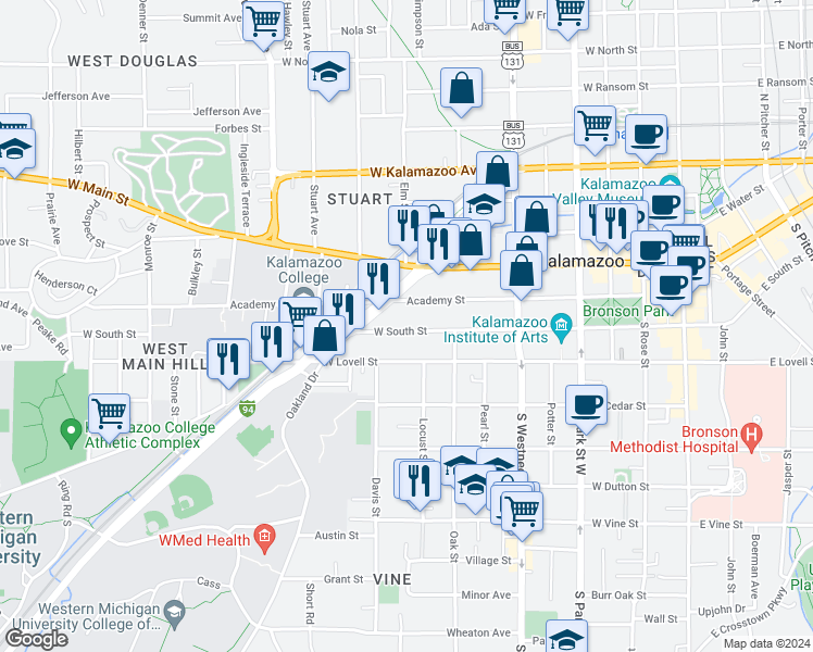 map of restaurants, bars, coffee shops, grocery stores, and more near 821 West South Street in Kalamazoo