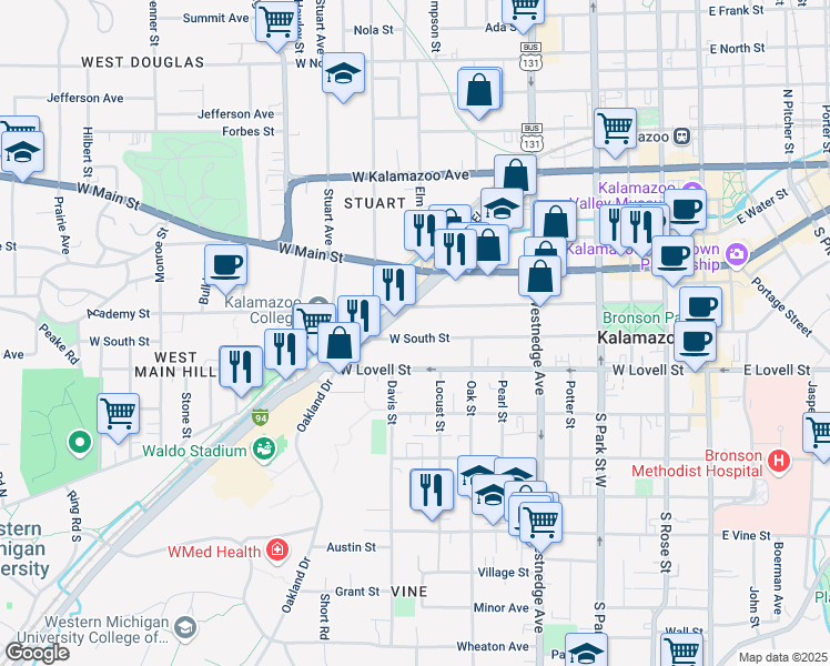 map of restaurants, bars, coffee shops, grocery stores, and more near 821 West South Street in Kalamazoo