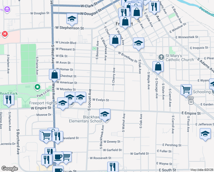 map of restaurants, bars, coffee shops, grocery stores, and more near 416 West Moseley Street in Freeport