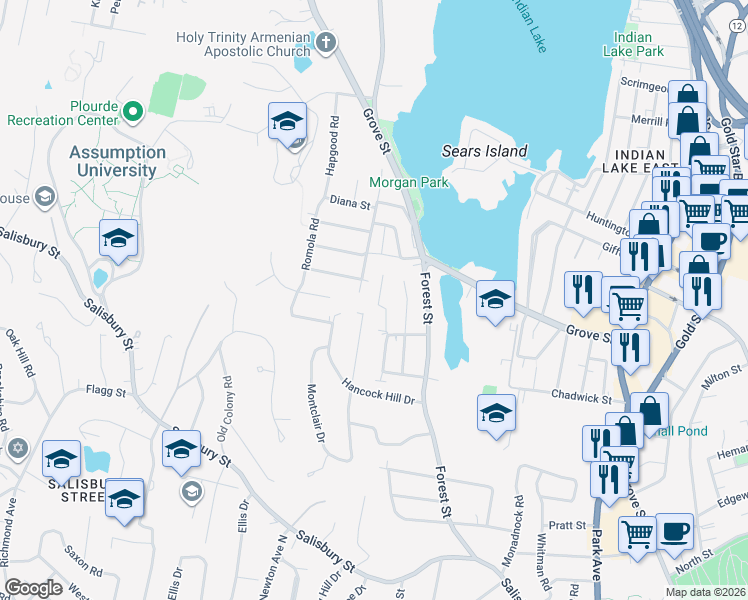 map of restaurants, bars, coffee shops, grocery stores, and more near 24 Ardmore Road in Worcester