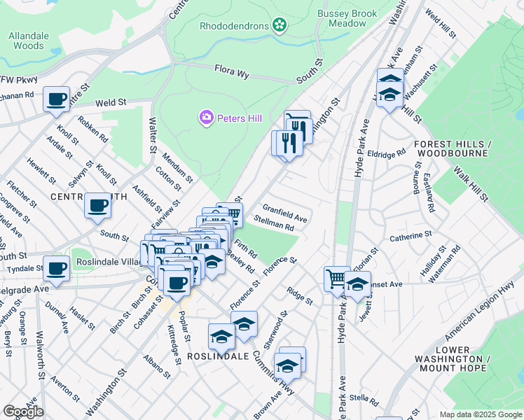 map of restaurants, bars, coffee shops, grocery stores, and more near 7 Granfield Avenue in Boston