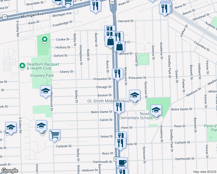 map of restaurants, bars, coffee shops, grocery stores, and more near 24105 Chicago Street in Dearborn