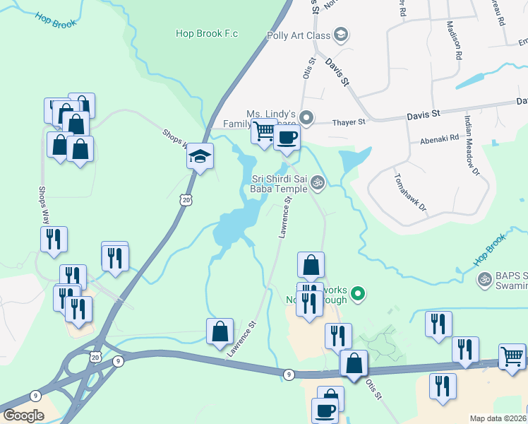 map of restaurants, bars, coffee shops, grocery stores, and more near 18 Hillside Road in Northborough