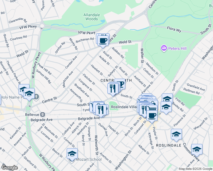 map of restaurants, bars, coffee shops, grocery stores, and more near 26 Farquhar Street in Boston