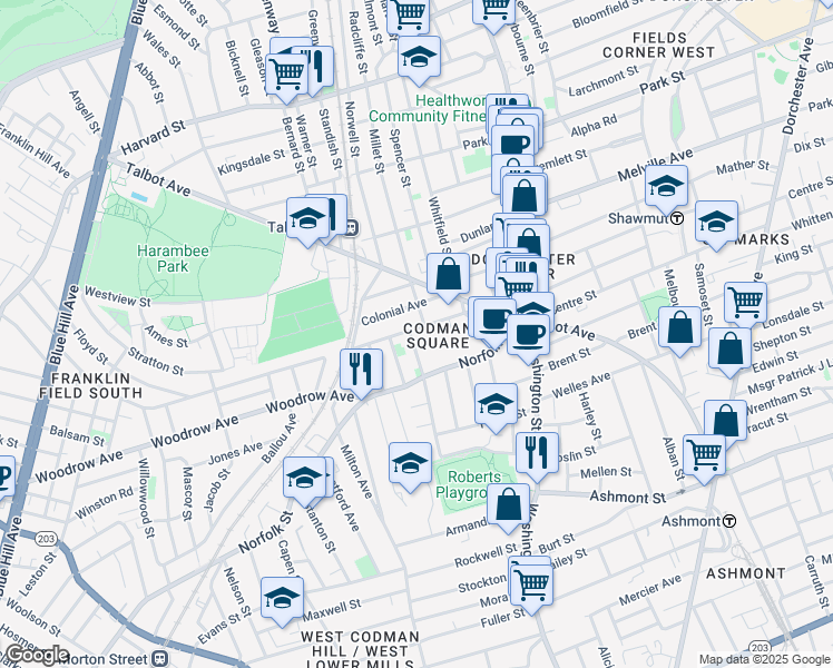 map of restaurants, bars, coffee shops, grocery stores, and more near 21 Darlington Street in Boston