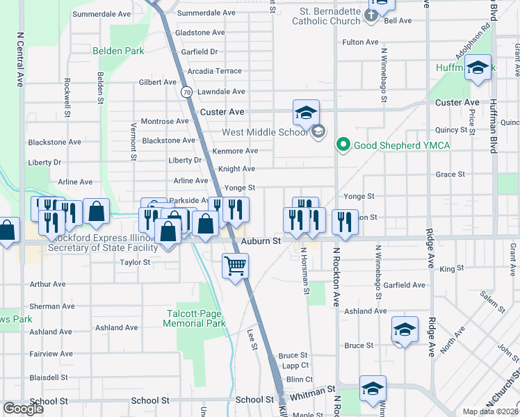 map of restaurants, bars, coffee shops, grocery stores, and more near 1532 Pauline Avenue in Rockford