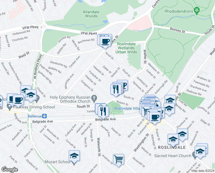 map of restaurants, bars, coffee shops, grocery stores, and more near 39 Farquhar Street in Boston