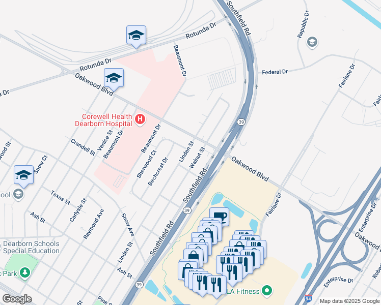 map of restaurants, bars, coffee shops, grocery stores, and more near 1420 Walnut Street in Dearborn