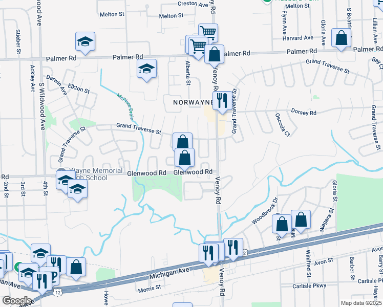 map of restaurants, bars, coffee shops, grocery stores, and more near 33121 Alaska Court in Westland
