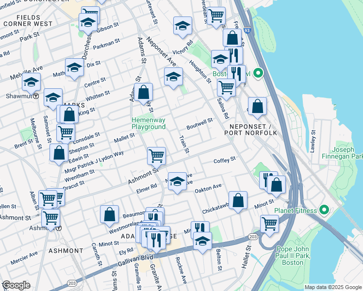 map of restaurants, bars, coffee shops, grocery stores, and more near 38 Westglow Street in Boston