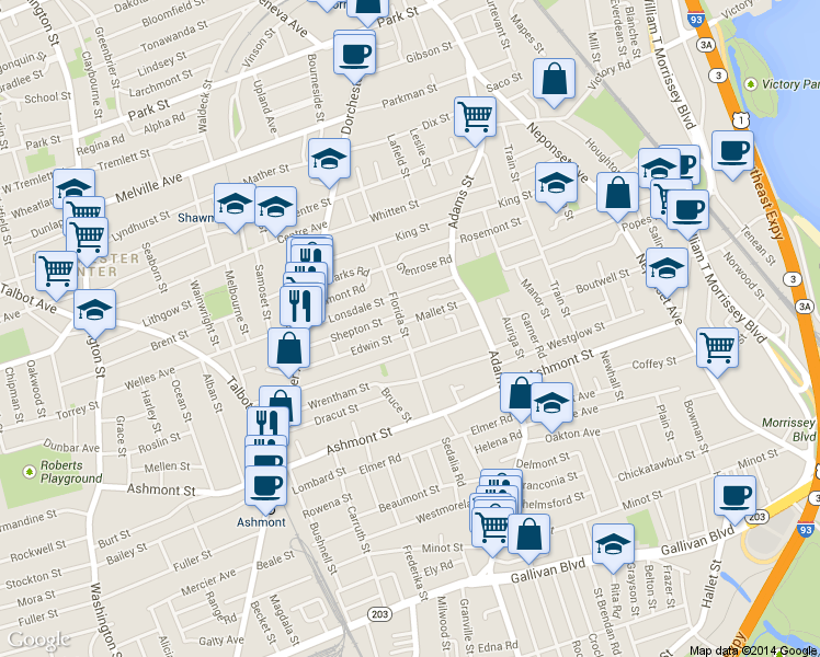 map of restaurants, bars, coffee shops, grocery stores, and more near 75 Edwin Street in Boston