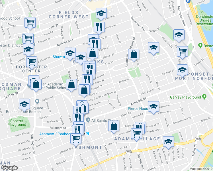 map of restaurants, bars, coffee shops, grocery stores, and more near 38 Edwin Street in Boston