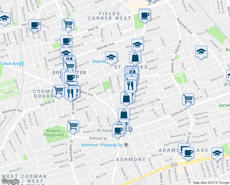 map of restaurants, bars, coffee shops, grocery stores, and more near 112 Welles Avenue in Boston