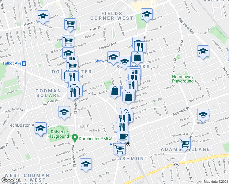 map of restaurants, bars, coffee shops, grocery stores, and more near 112 Welles Avenue in Boston