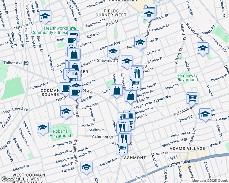 map of restaurants, bars, coffee shops, grocery stores, and more near 112 Welles Avenue in Boston