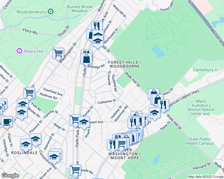 map of restaurants, bars, coffee shops, grocery stores, and more near 67 Eastland Road in Boston