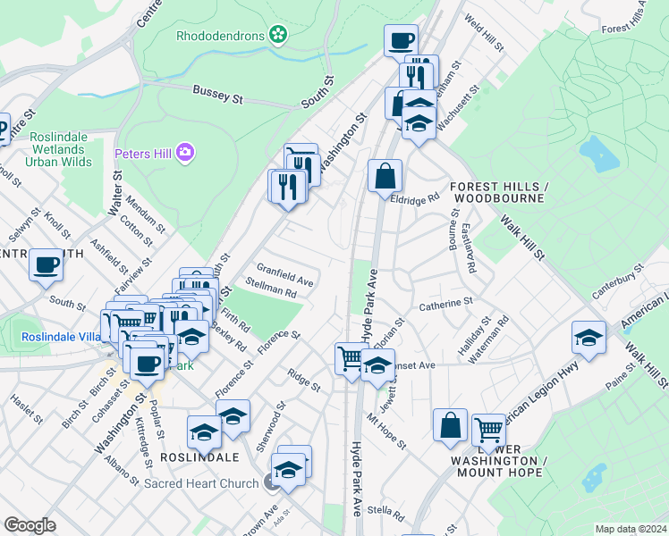 map of restaurants, bars, coffee shops, grocery stores, and more near 79 Bradeen Street in Boston