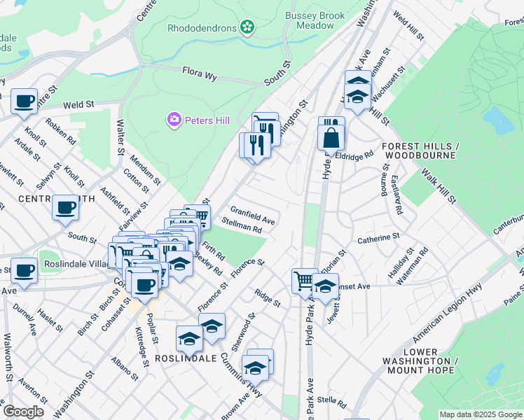 map of restaurants, bars, coffee shops, grocery stores, and more near 31 Granfield Avenue in Boston
