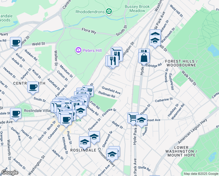 map of restaurants, bars, coffee shops, grocery stores, and more near 31 Granfield Avenue in Boston